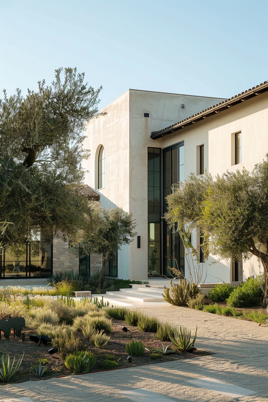 modern mediterranean house landscape with olive trees