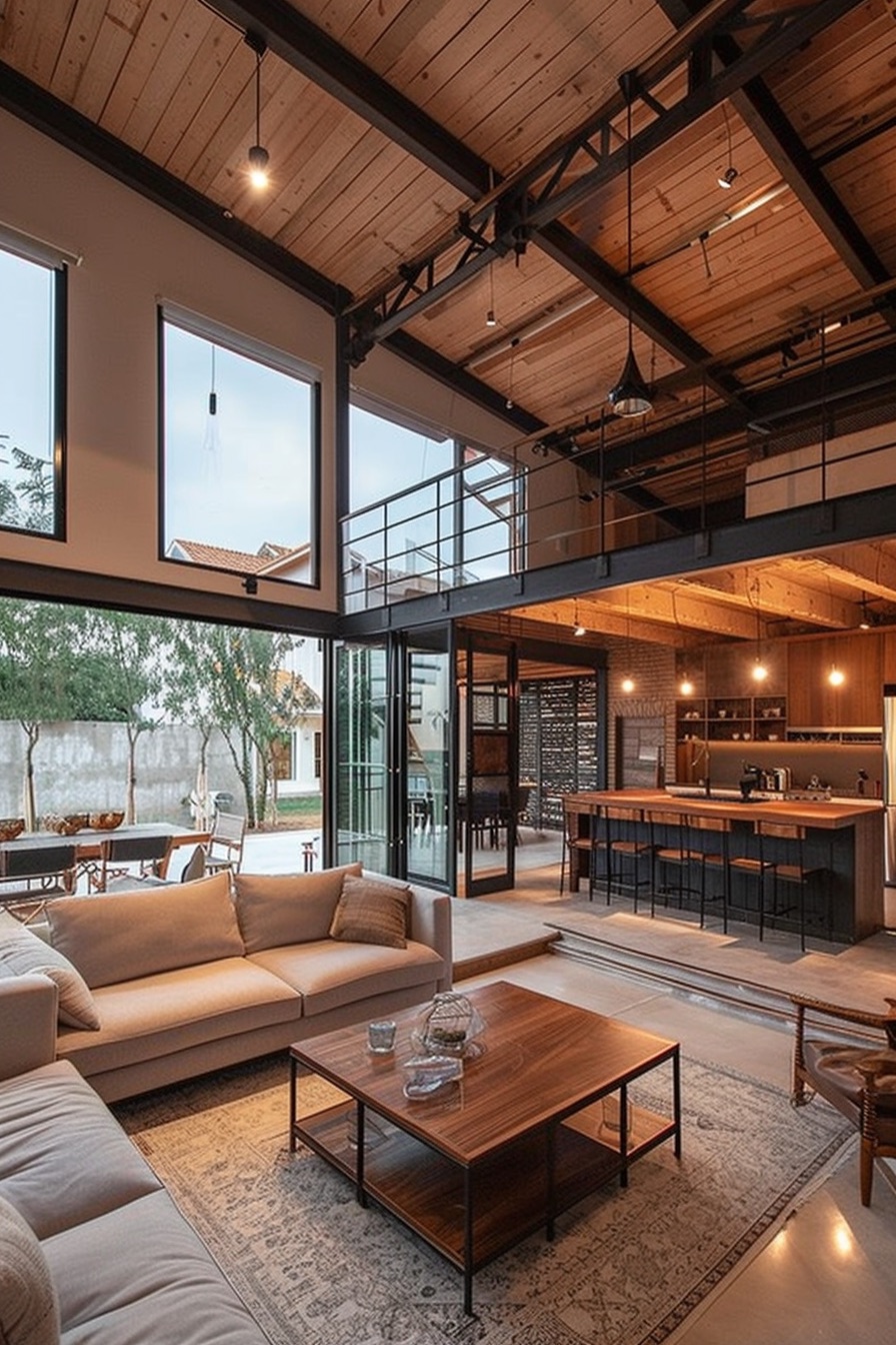 modern barn house interior opening to terrace