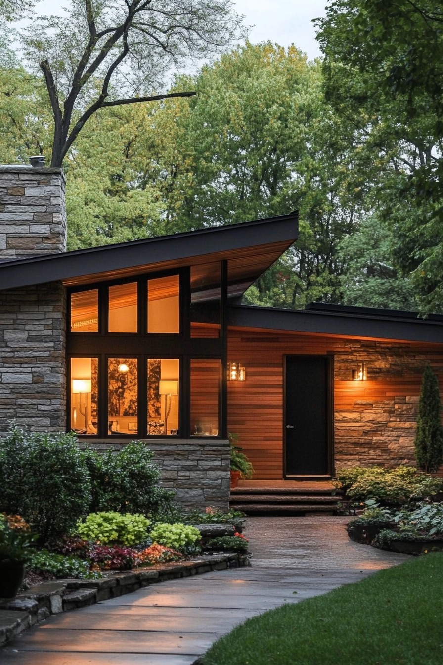 mid century modern house wood and stone siding 2