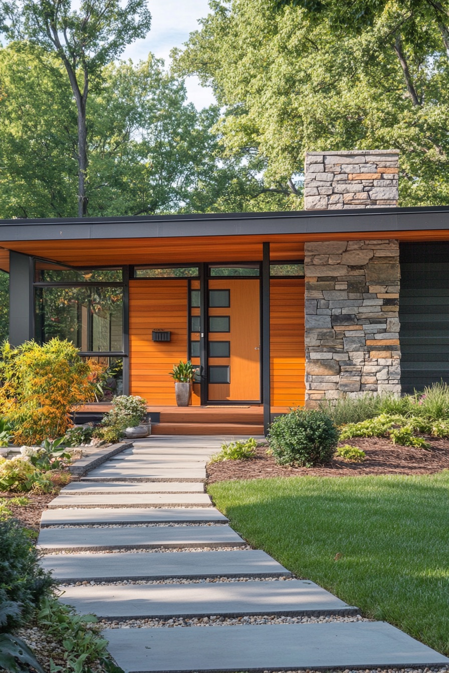 mid century modern house wood and stone siding 3