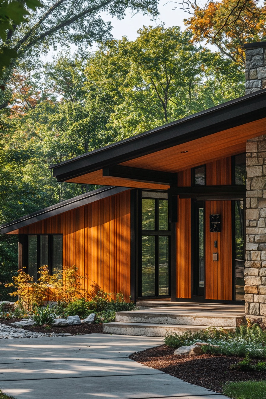 mid century modern house wood and stone siding 4