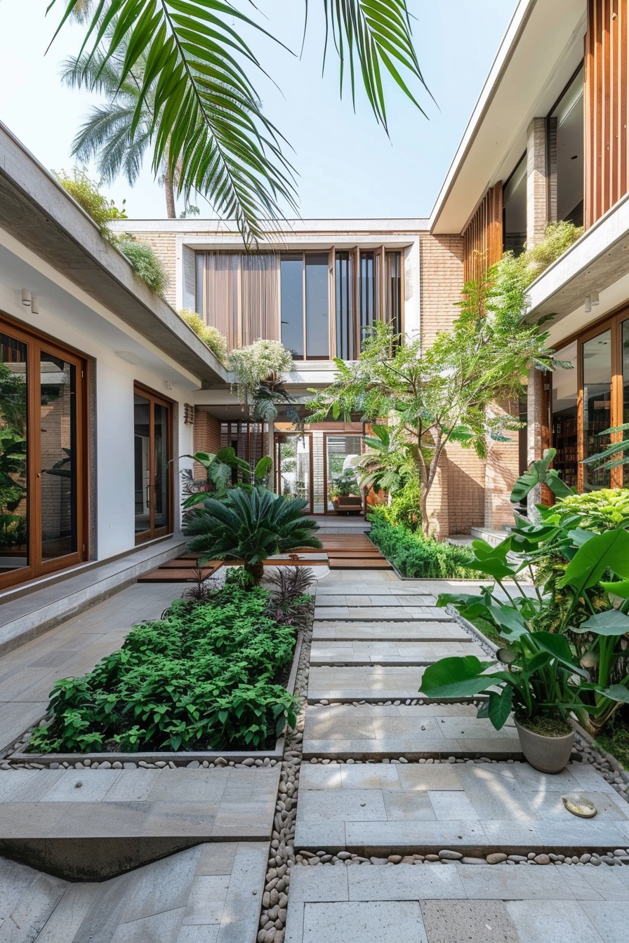 courtyard house mid century modern garden with potted plants