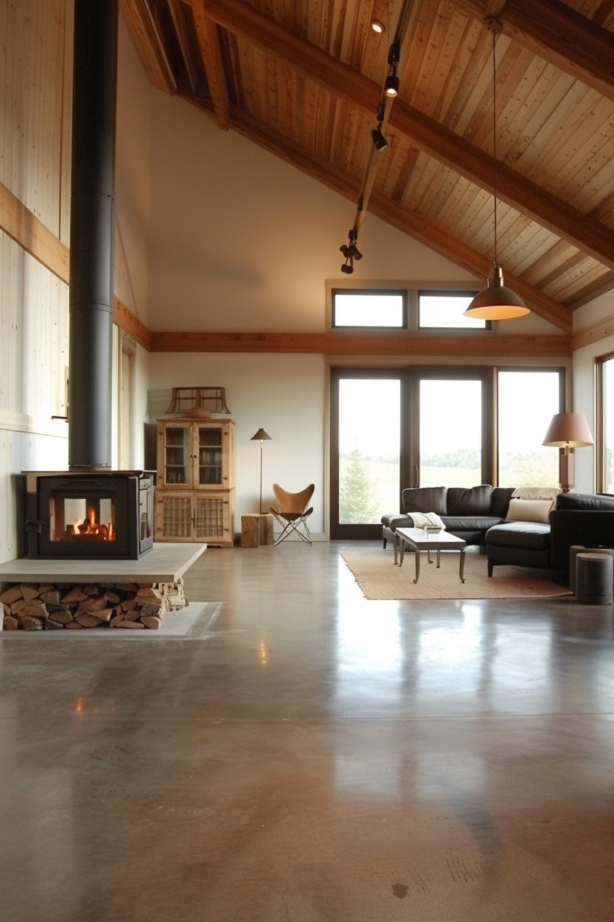 barn house fireplace concrete floor