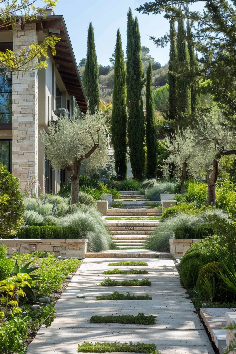 mediterranean house garden path stone and grass