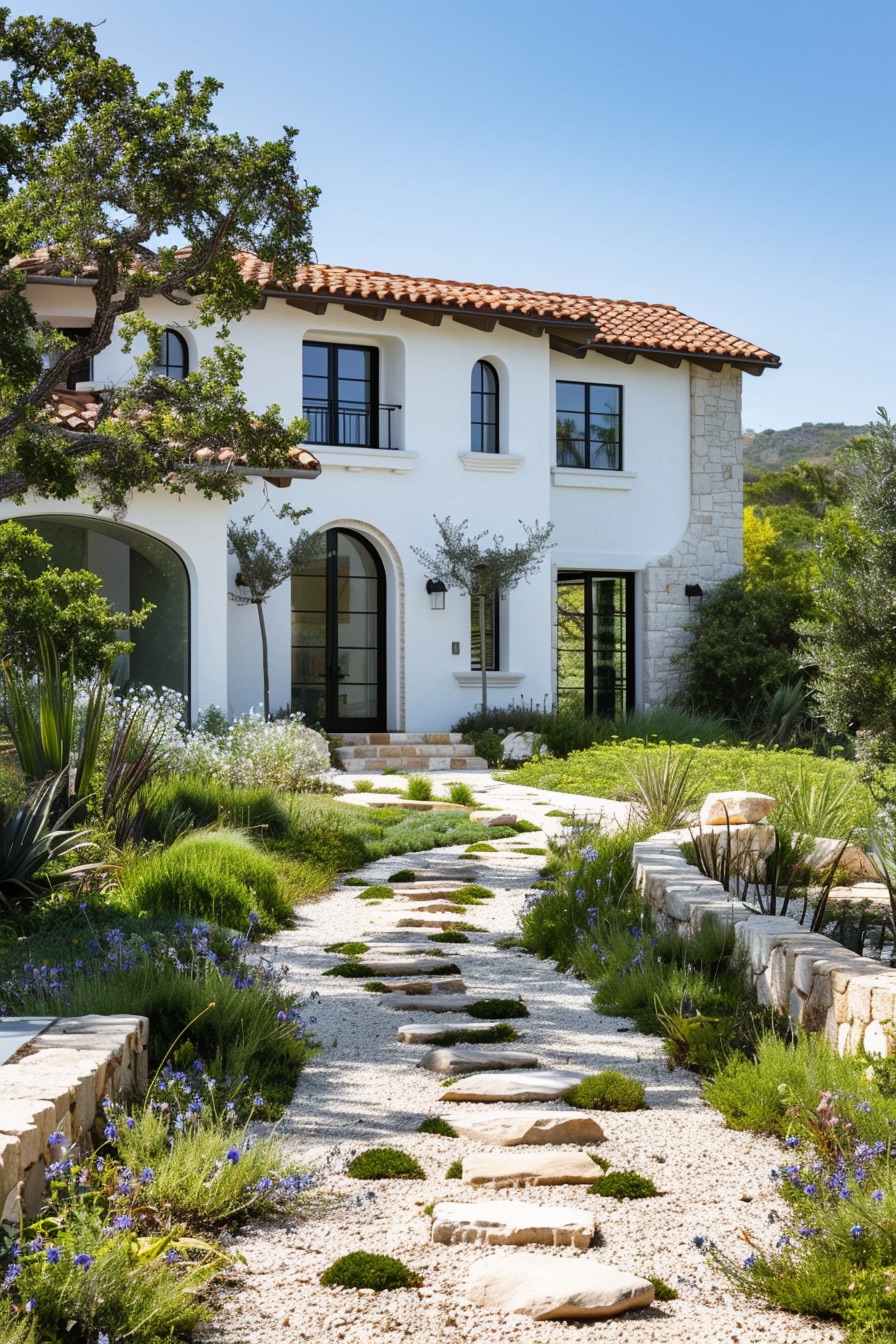 mediterranean house stone and gravel pathway