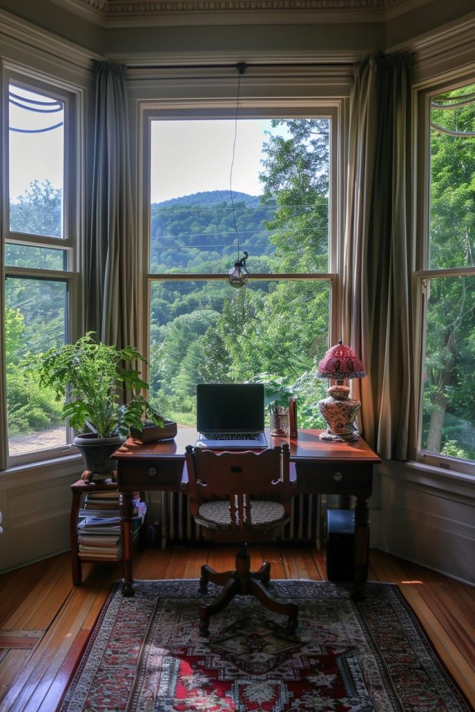 bay window home office vintage furniture