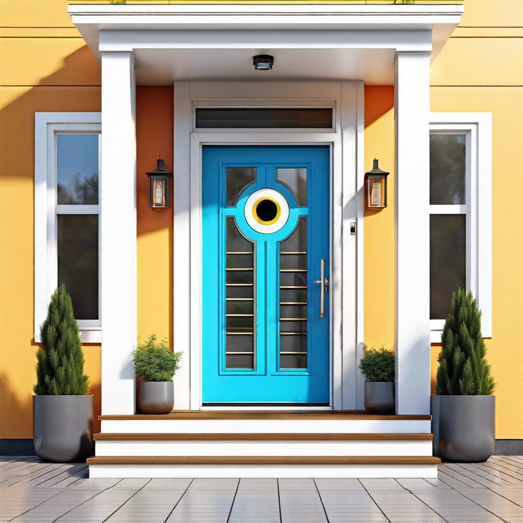 brightly colored door with circular window