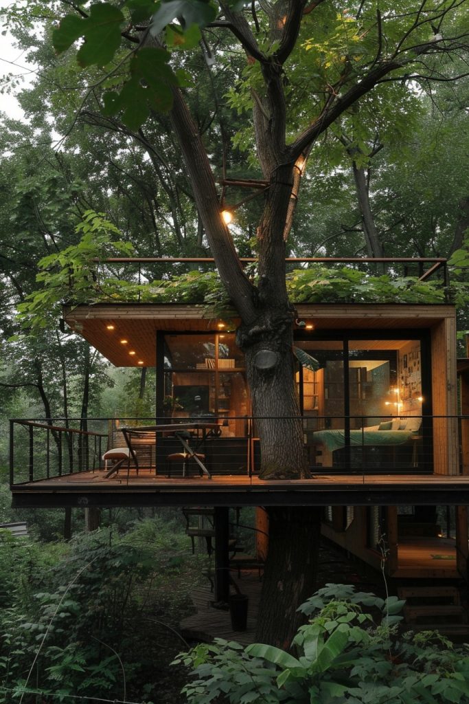 cabin terrace with a tree