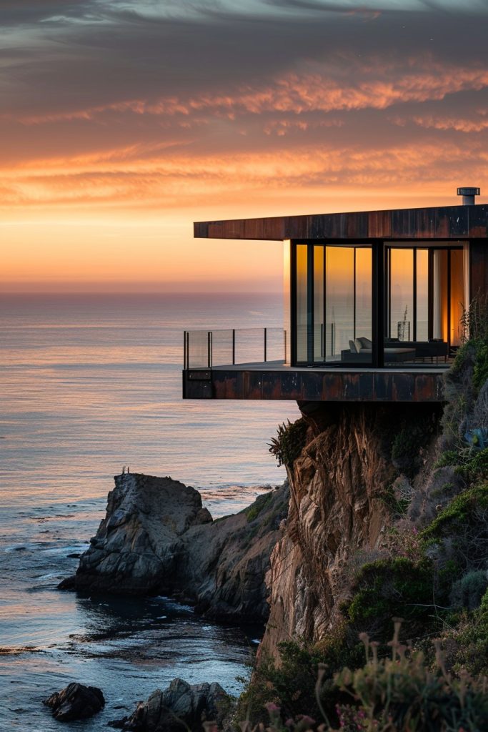 cliffside house sunset