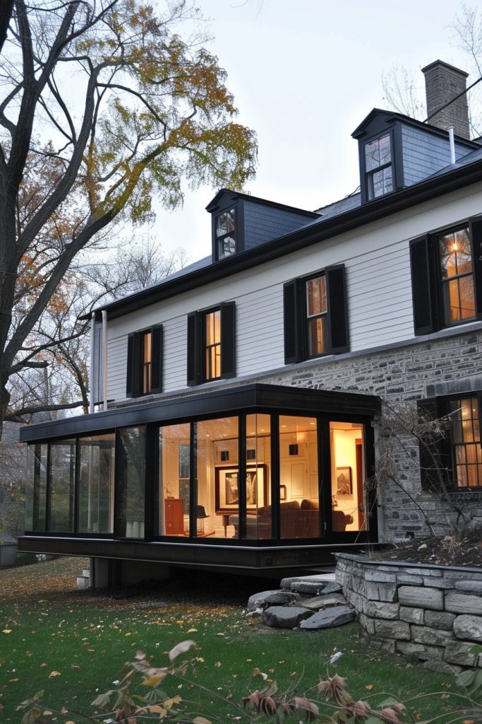 colonial house with cantilevered extension