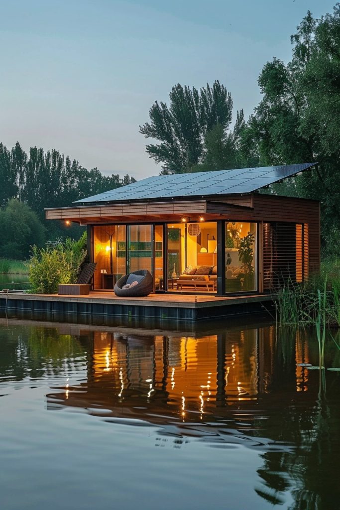 floating lake home with solar roof