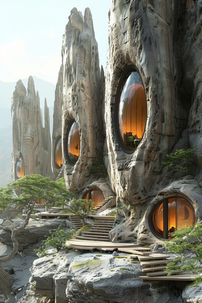 futuristic pods integrated into ancient ruins