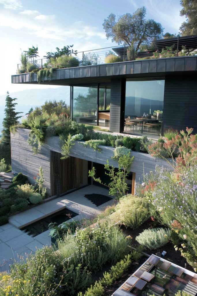 hillside house with rooftop garden