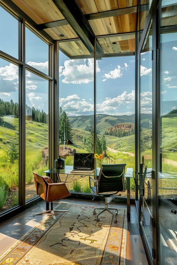 home office glass windows green mountain views