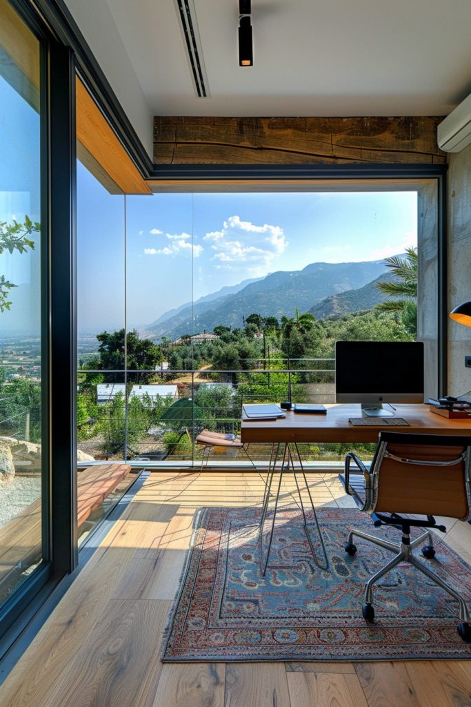 home office with balcony and glass walls