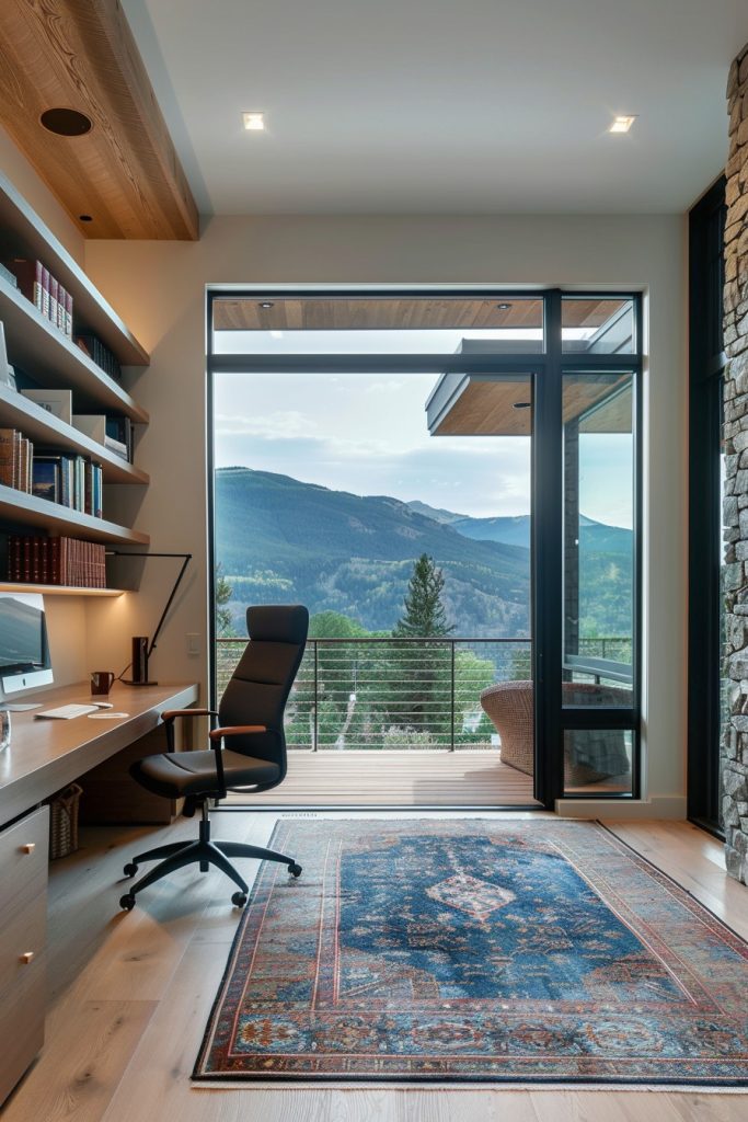 home office with balcony mountain views