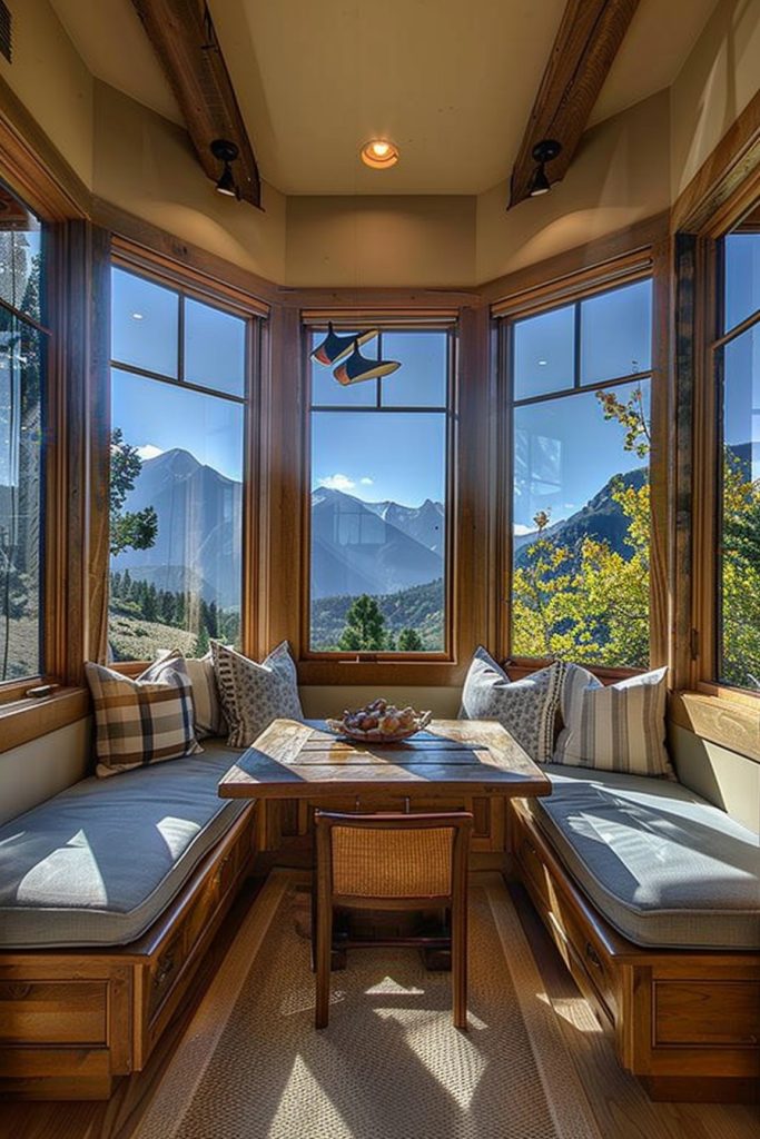 kitchen bay windows with seating and mountain views