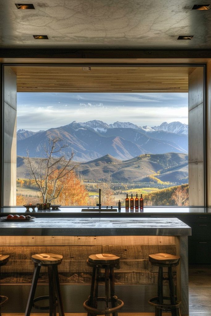 kitchen breakfast bar with mountain views