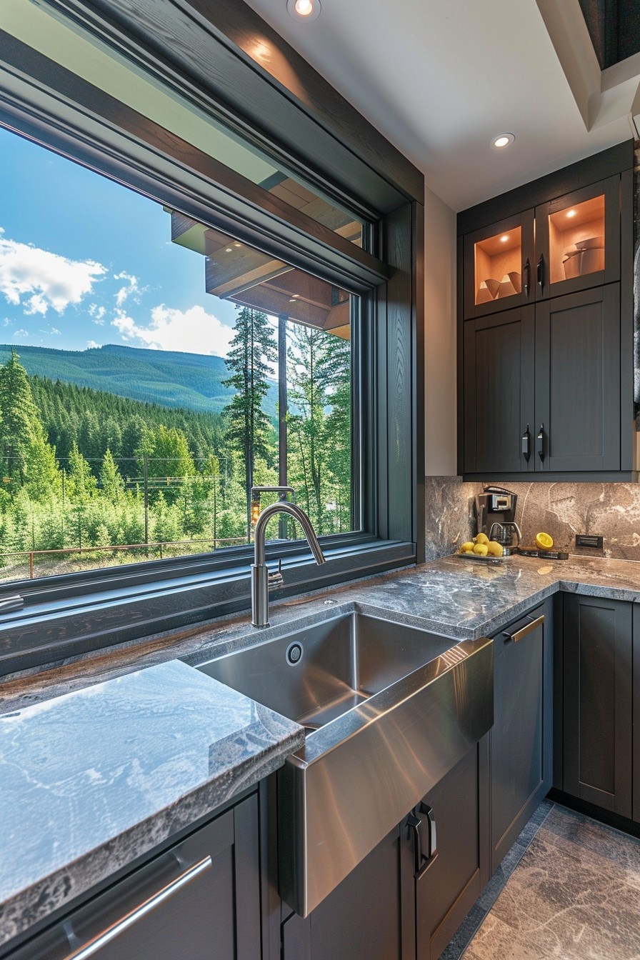 kitchen framed window overlooking mountains