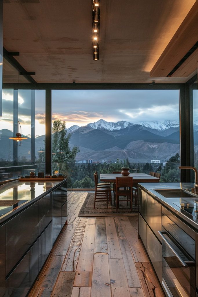 kitchen full wall window mountains