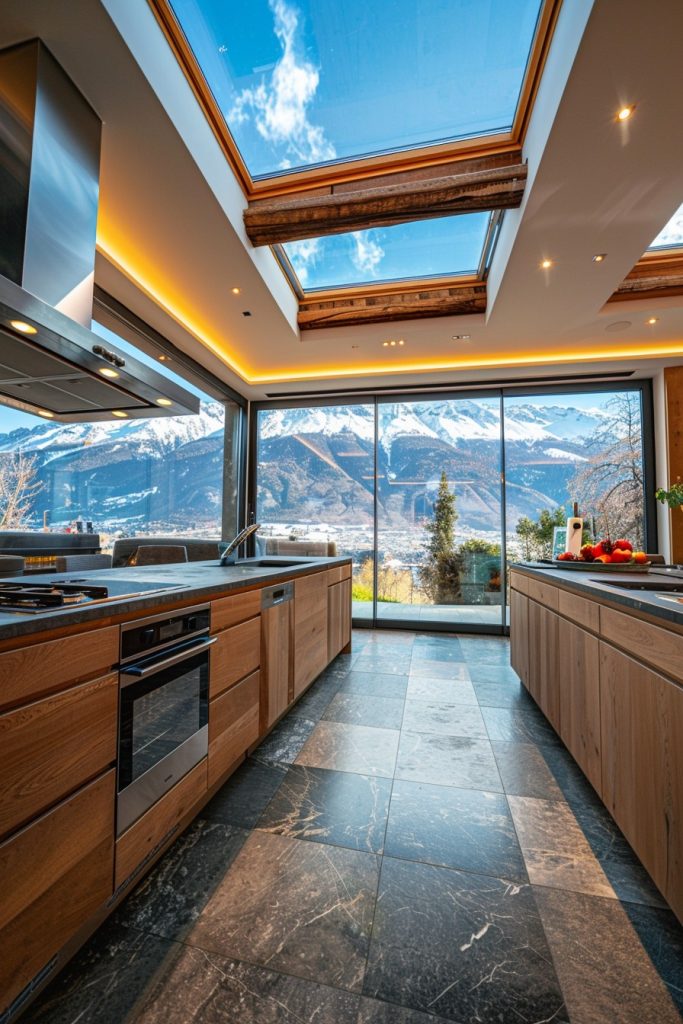 kitchen full wall windows and skylights