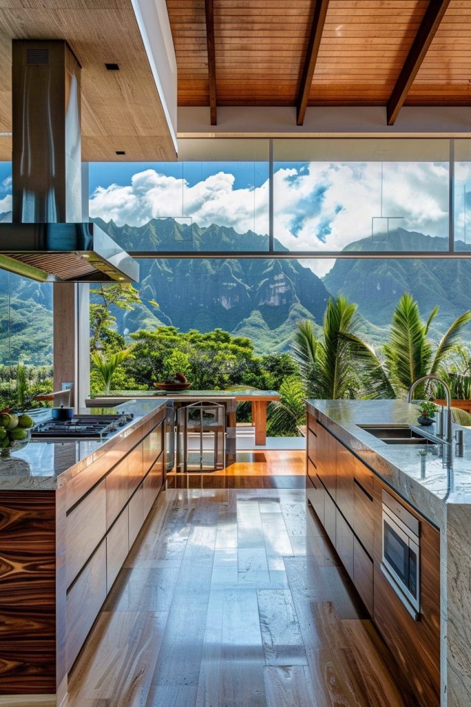 kitchen full wall windows and tropical mountains