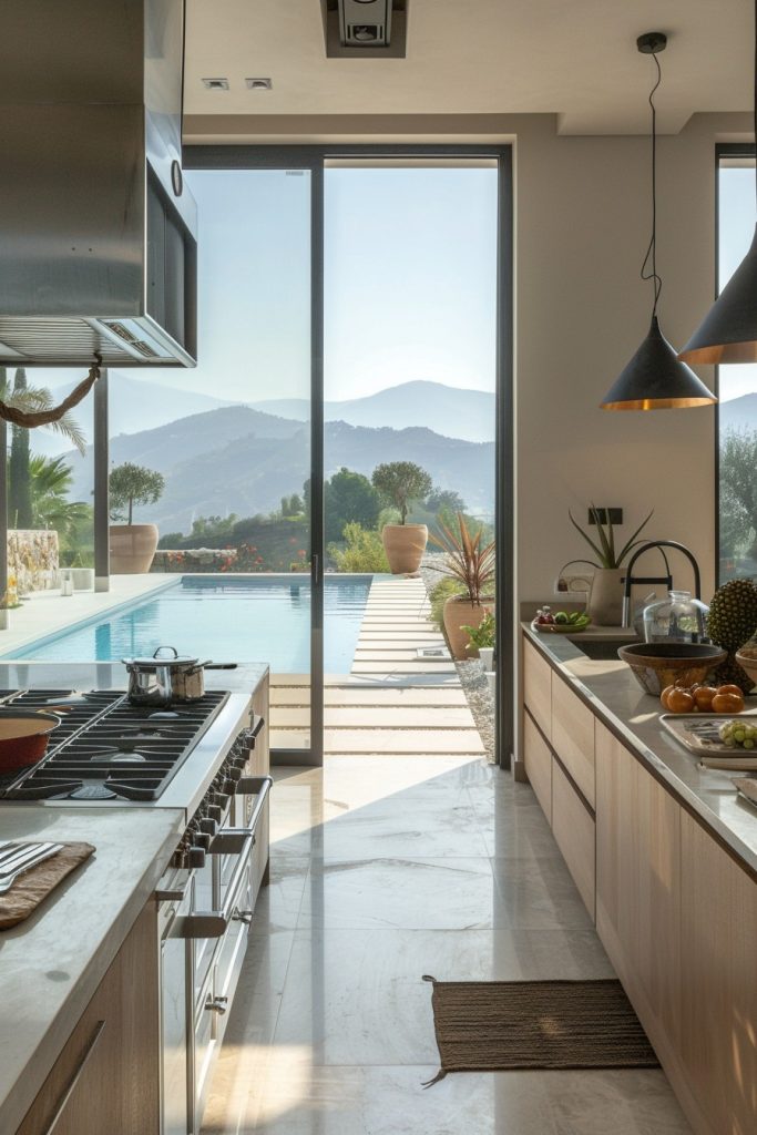 kitchen glass door to the pool and mountain view