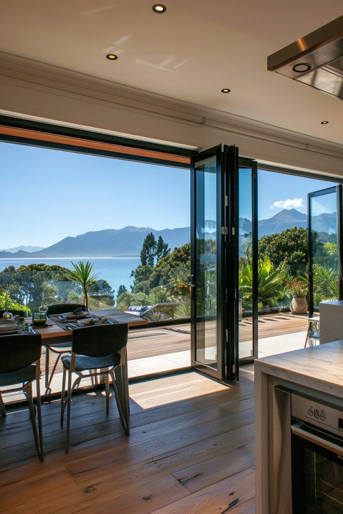 kitchen glass doors overlooking sea views