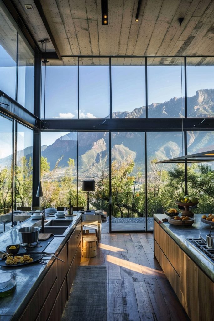 kitchen glass walls mountain view