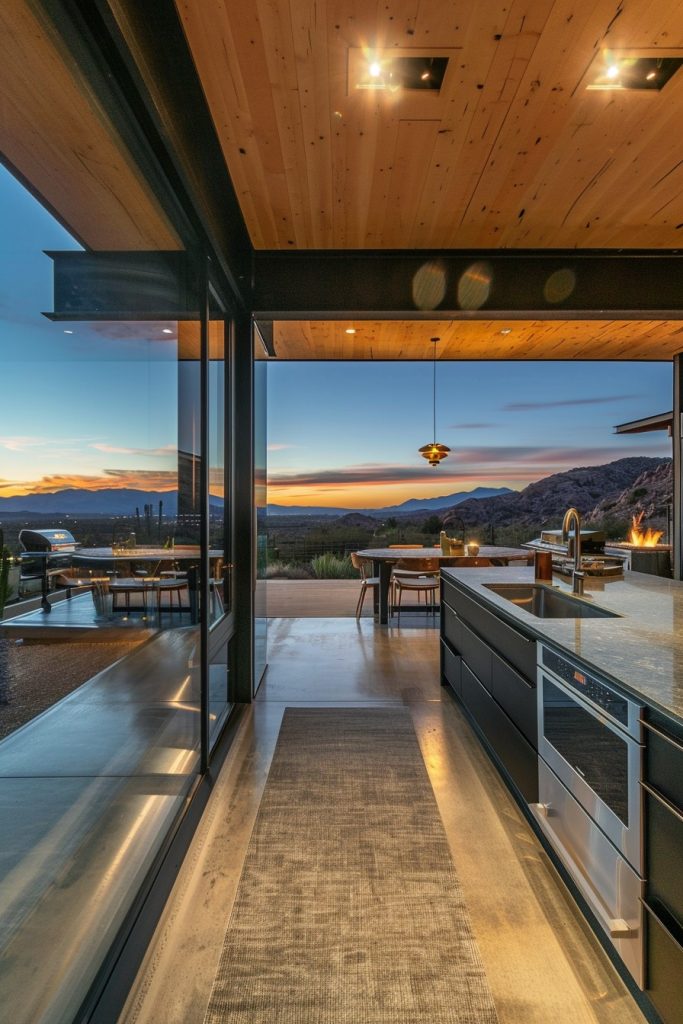 kitchen going out to wrap around patio with mountain views