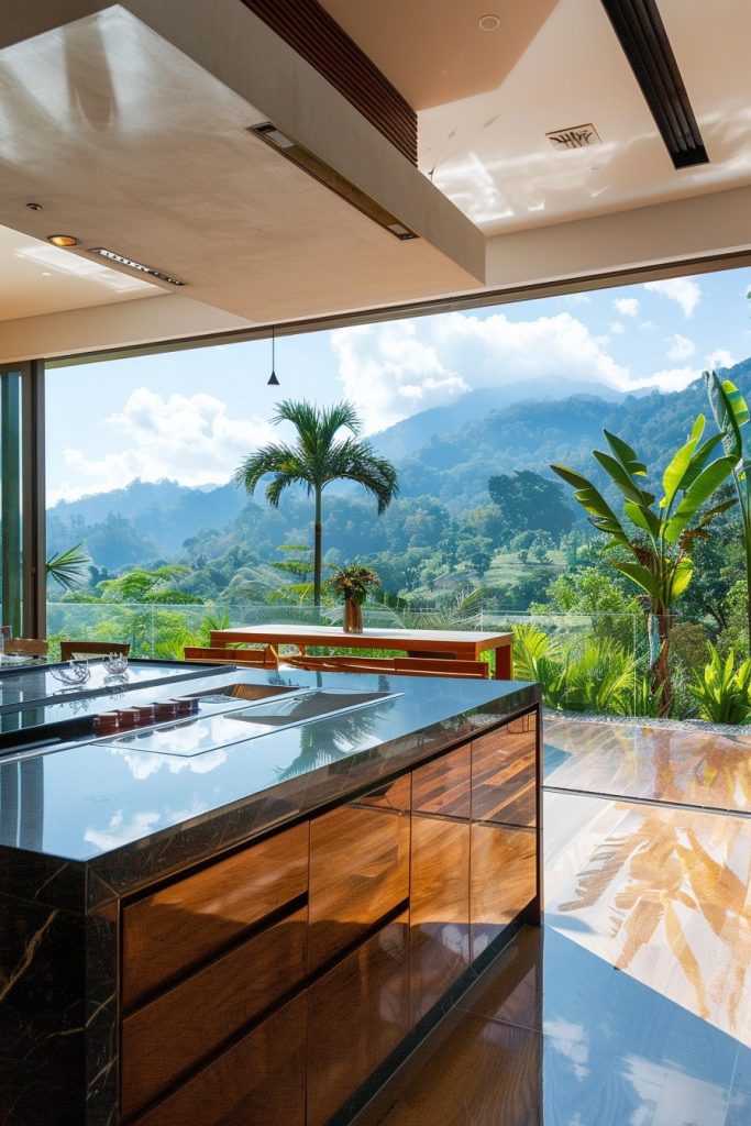 kitchen island overlooking a terrace and mountain views