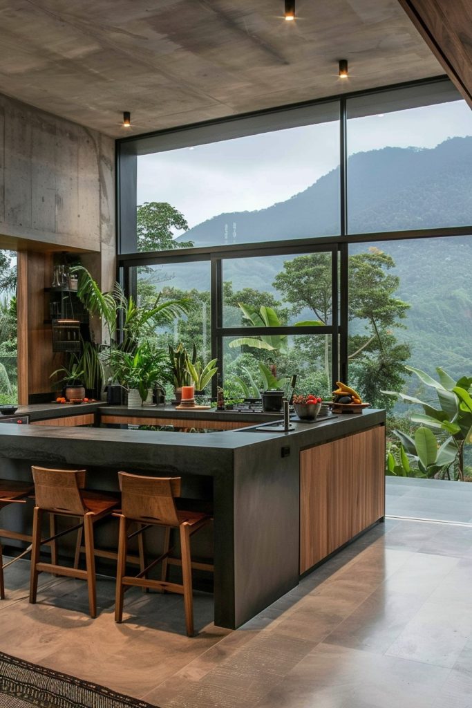 kitchen island overlooking terrace garden and mountains