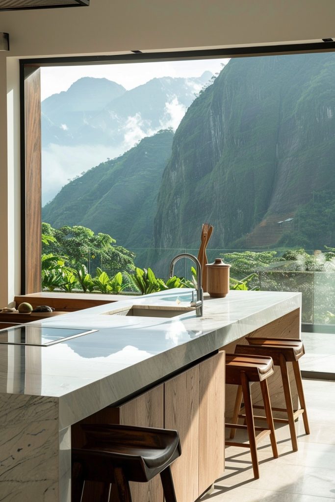 kitchen island with stunning mountain views