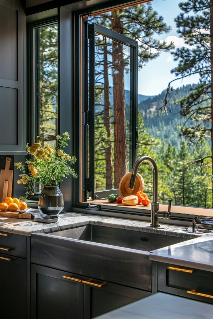 kitchen open window mountain view