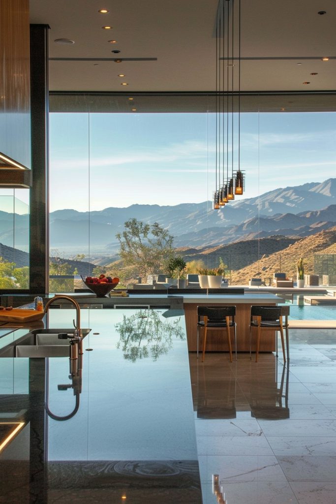 kitchen overlooking pool and mountains