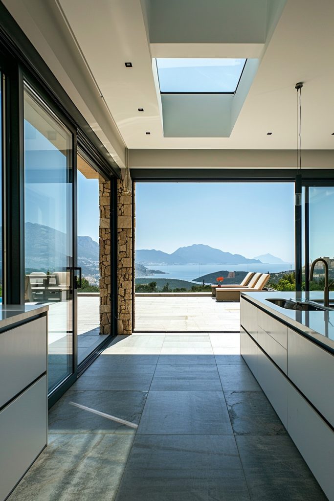 kitchen sliding door patio overlooking mountains and sea