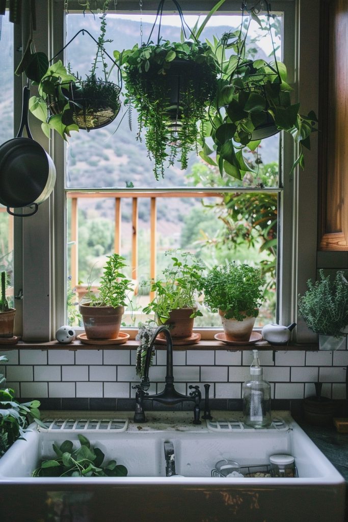 kitchen window herb garden mountain views