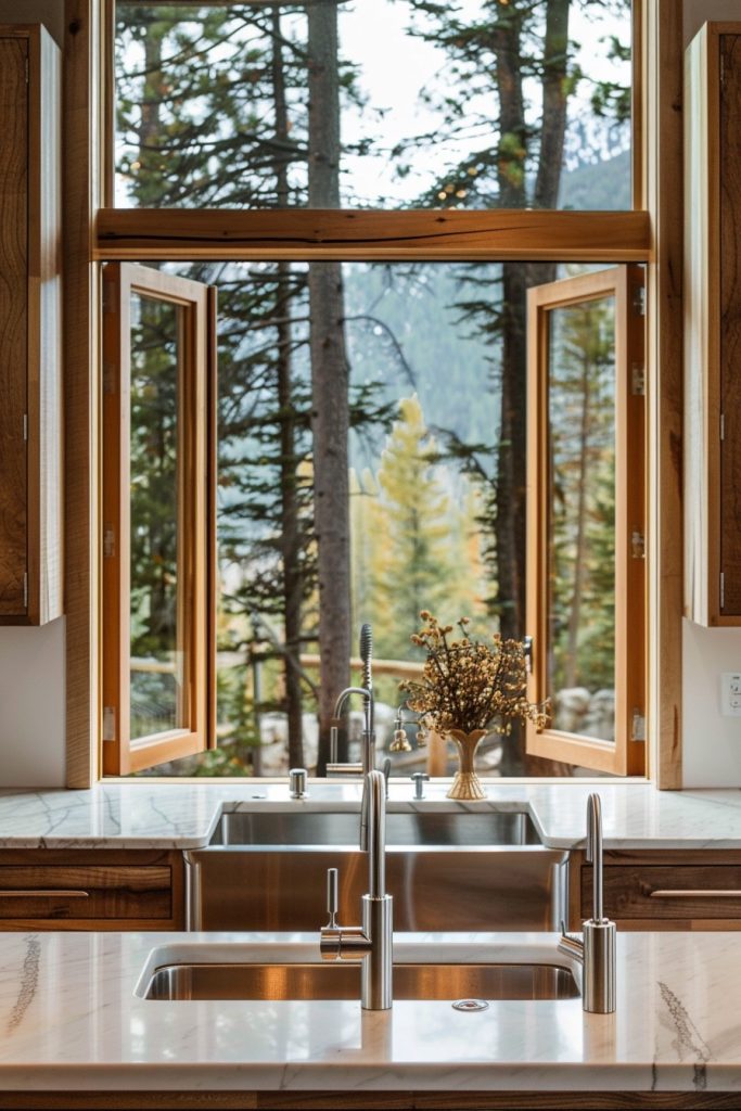 kitchen window open to mountain forest