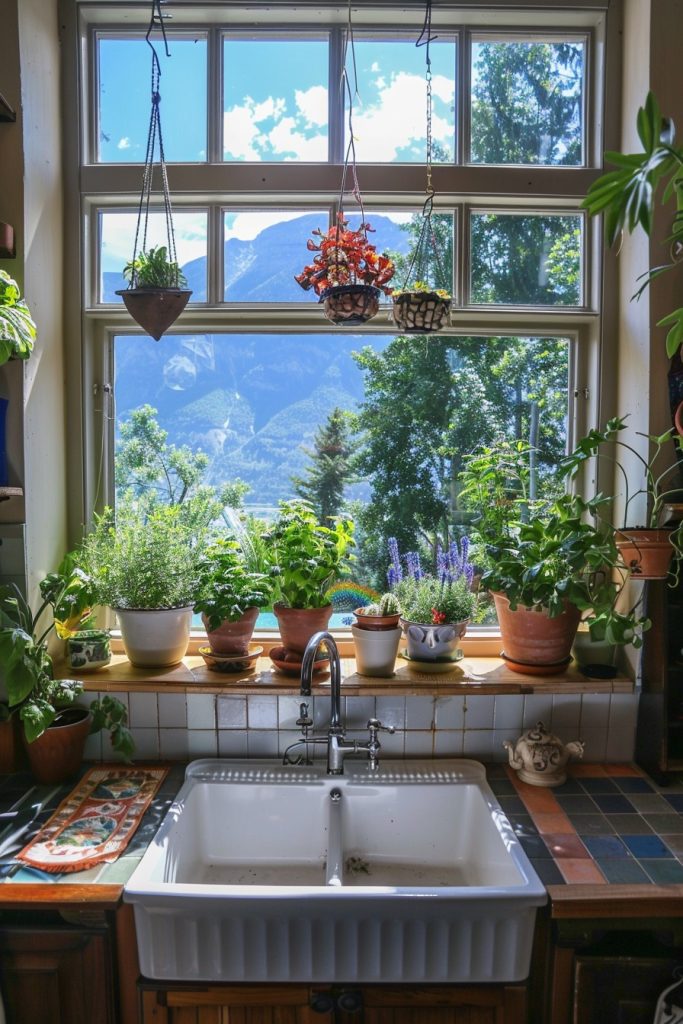 kitchen window sill with herbs and mountain views