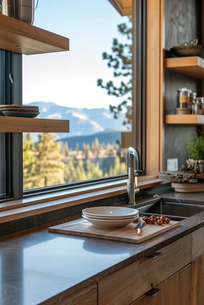 kitchen window with shelves and mountain views