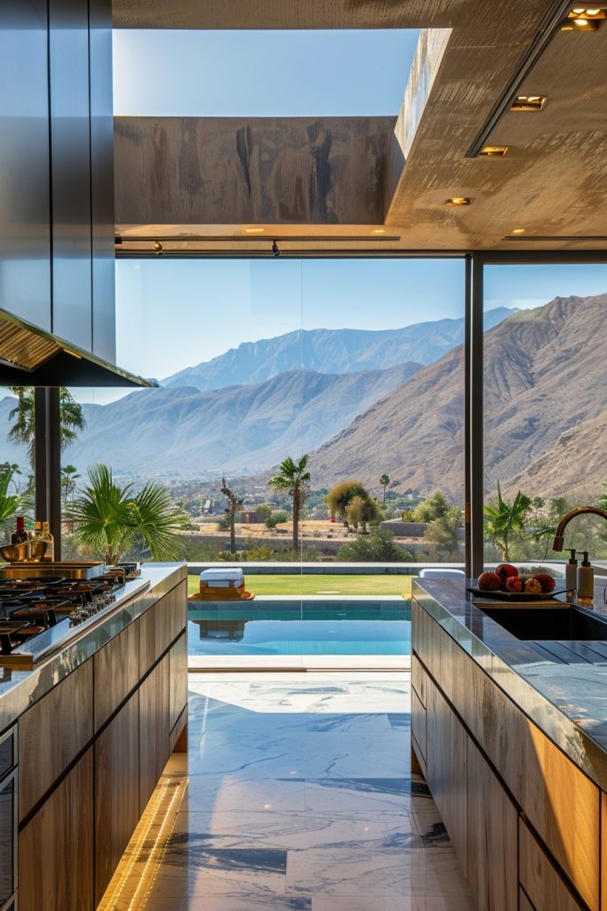 kitchen windows overlooking pool and mountains