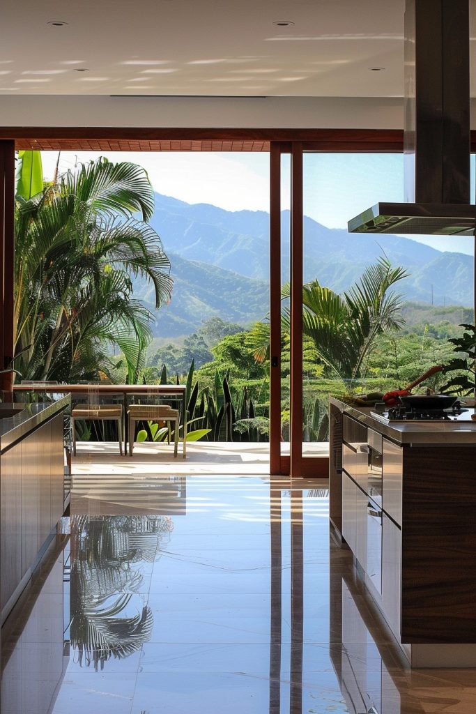 kitchen with outdoor bar with mountain views