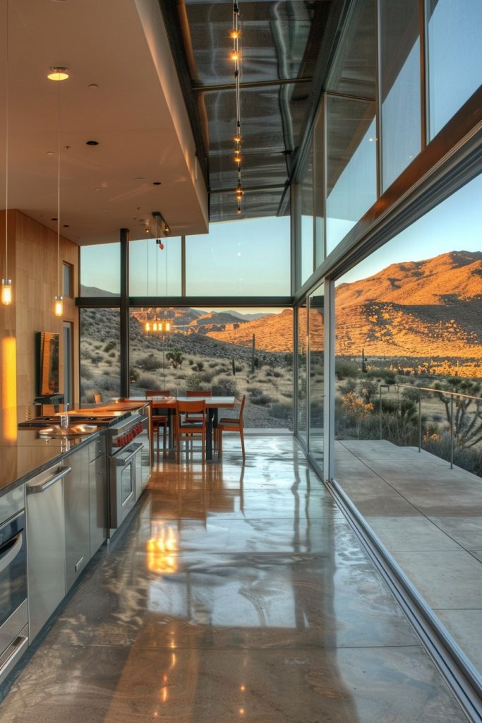 kitchen with patio with desert mountain views