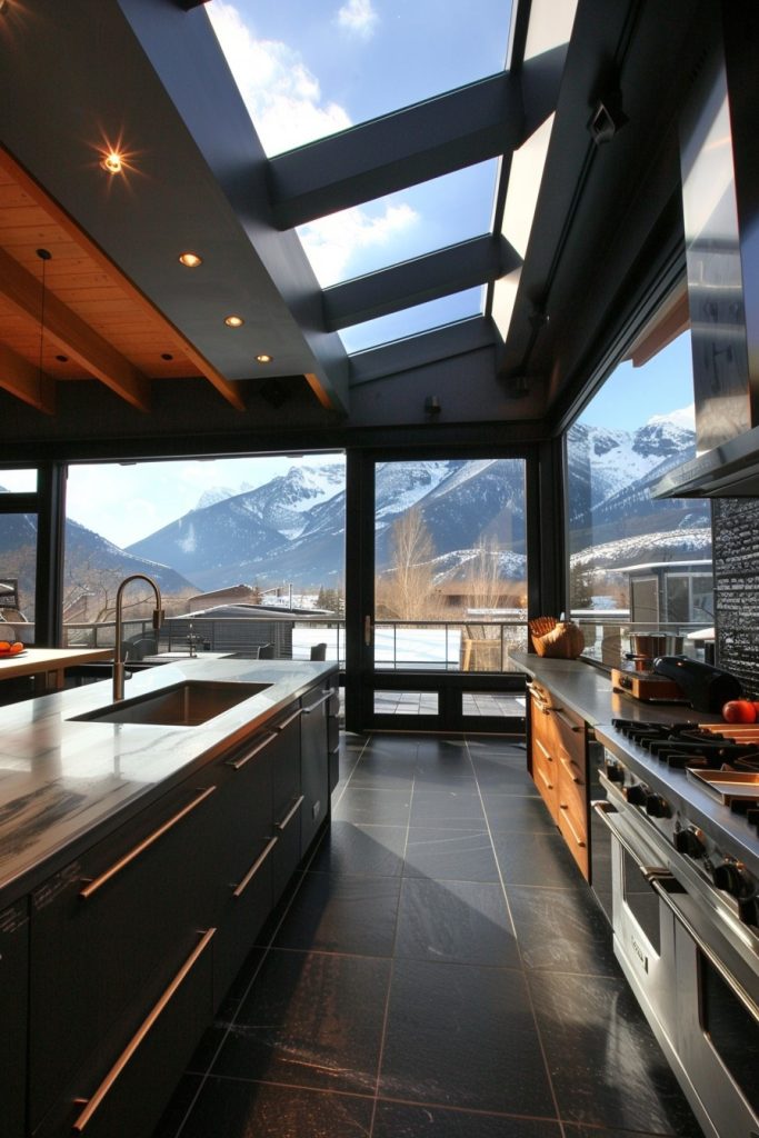 kitchen with skylights and mountain views