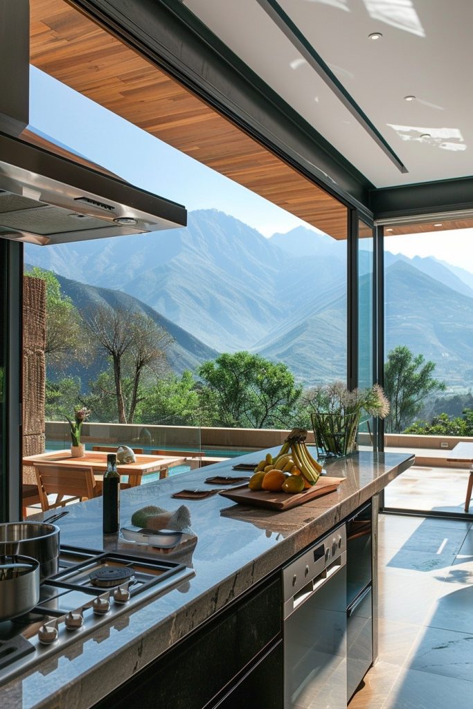 kitchen with terrace mountain views