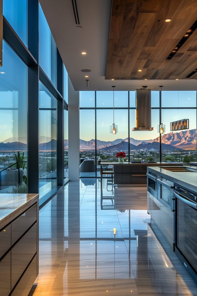 large kitchen with mountain views