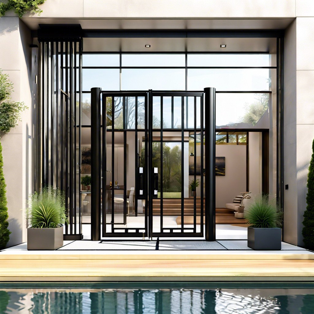 large pivoting steel and glass gate