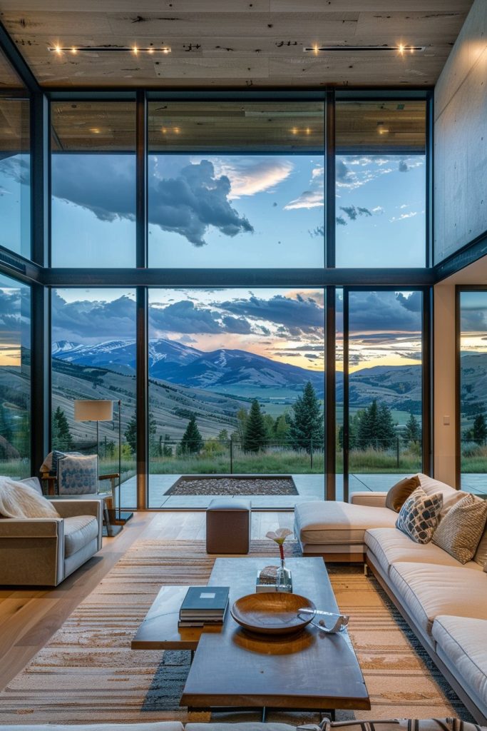 living room glass walls mountain view