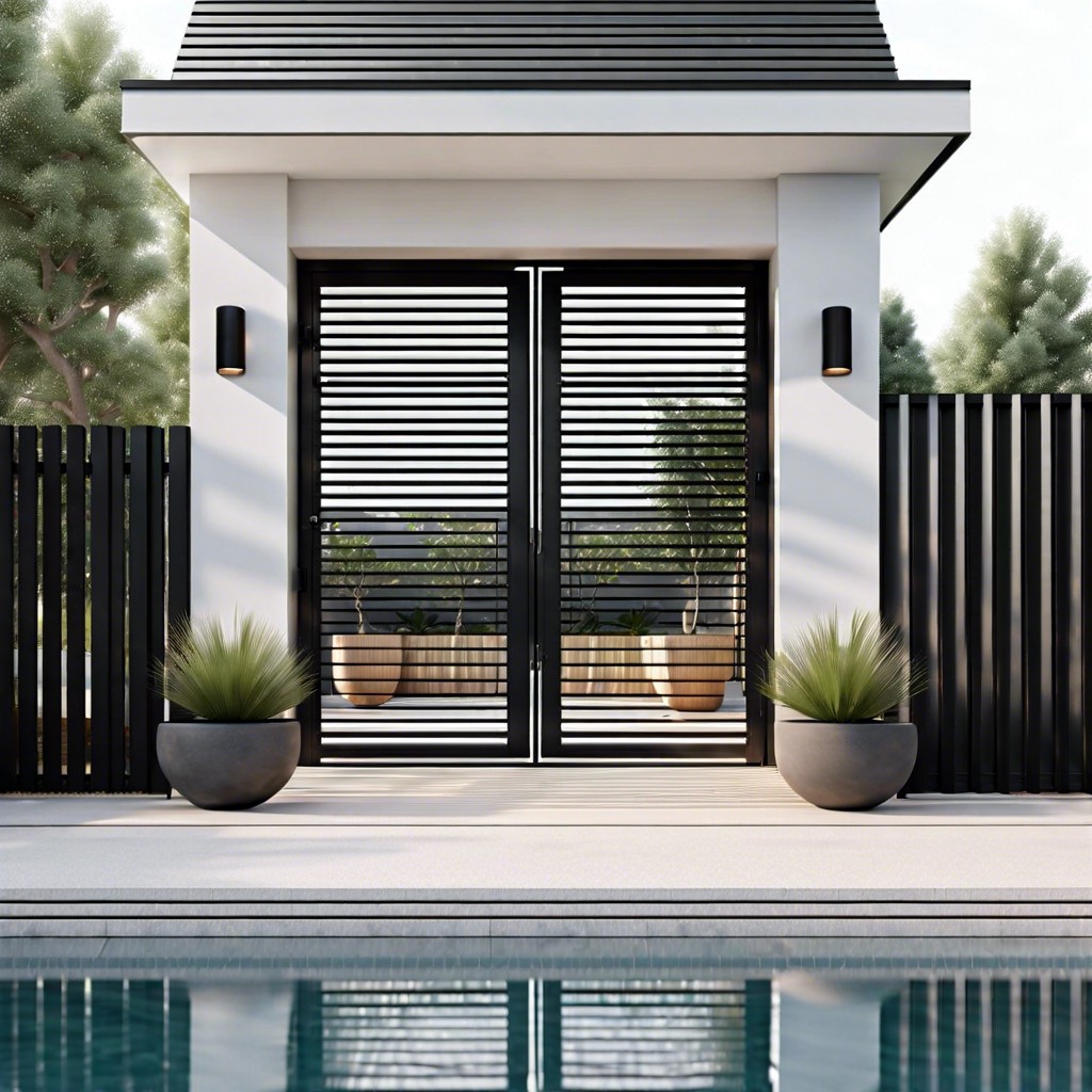 minimalist black metal gate with horizontal slats