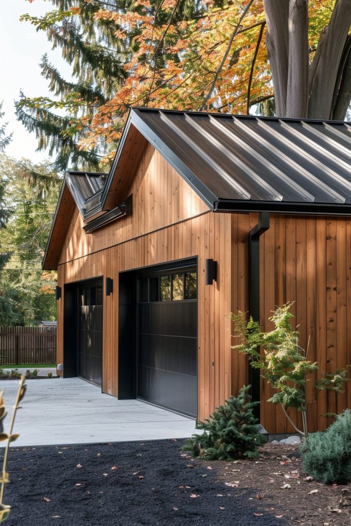 moder wooden garage with black metal roof